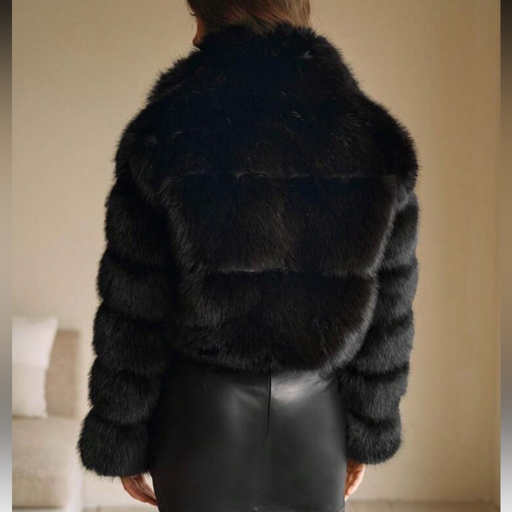 Luxury quilted faux fur jacket vintage style coat zip up black - Picture 5 of 13